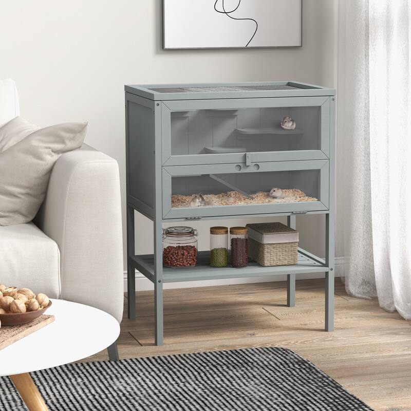 Grey Fir Wood Hamster Cage with Plexiglass Window and Elevated Base - 23.5"L×15.75"W×31.5"H
