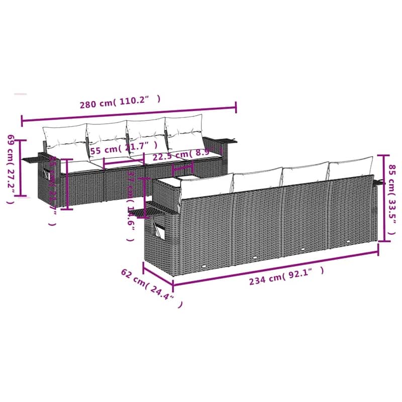 vidaXL Patio Sofa Set with Cushions Outdoor Furniture 9 Piece Poly Rattan