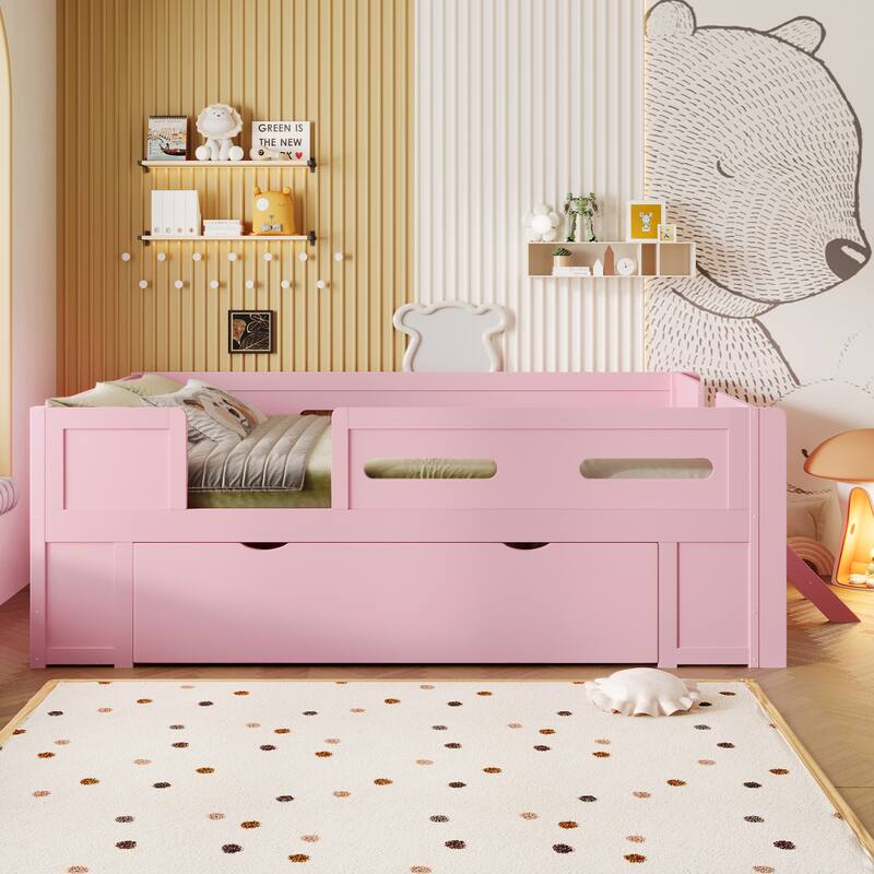 Roomfitters Full/Twin Size Wood Platform Bed with Underbed Storage Drawer and Safety Guardrails, Modern Low Loft Frame - Pink - Twin