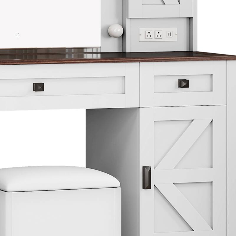 Moasis Farmhouse Makeup Vanity Desk Set with Mirror and Lights, Charging Station and Storage Stool