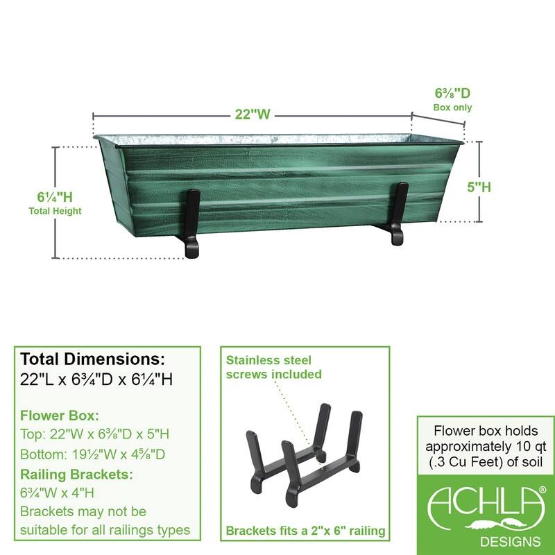 Achla Designs Small Galvanized Steel Flower Box Planter With Brackets for 2 x 6 Railings, 22 Inch Wide
