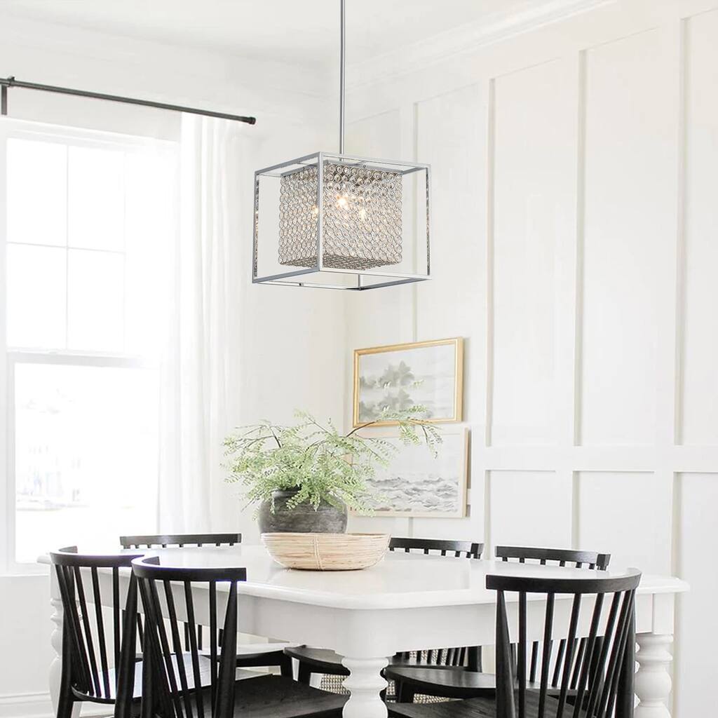 Modern Chrome 1-Light Rectangle Iron Frame Crystal Pendant Lamp