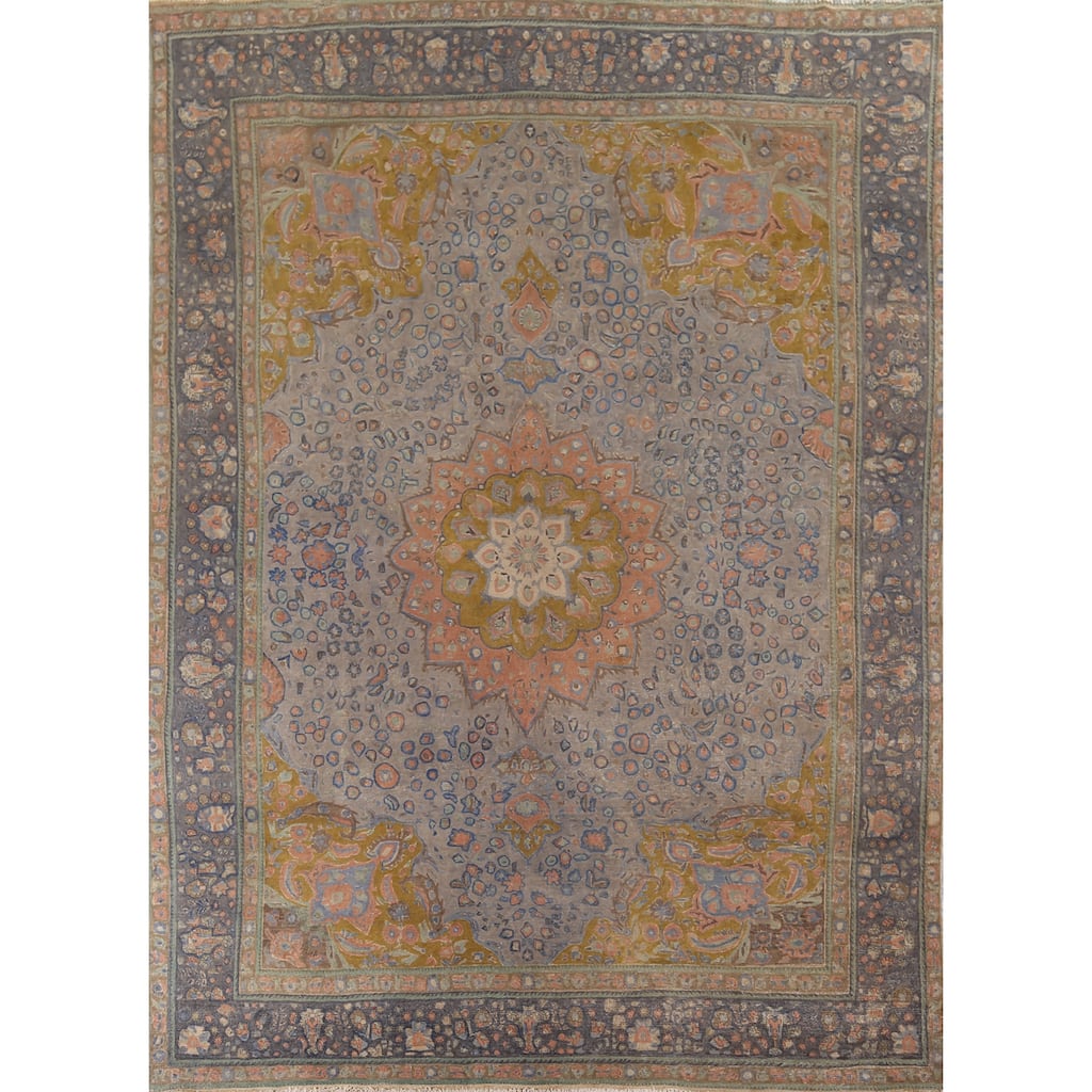Distressed Tabriz Vintage Persian Area Rug Handmade Grey Wool Carpet - 9'10" x 12'10"