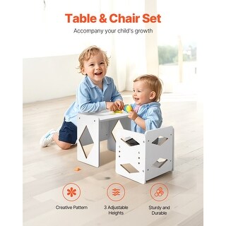 White MDF Adjustable Kids Table Chair Set with Pattern & Handle - 15.4 x 12 x 15 in