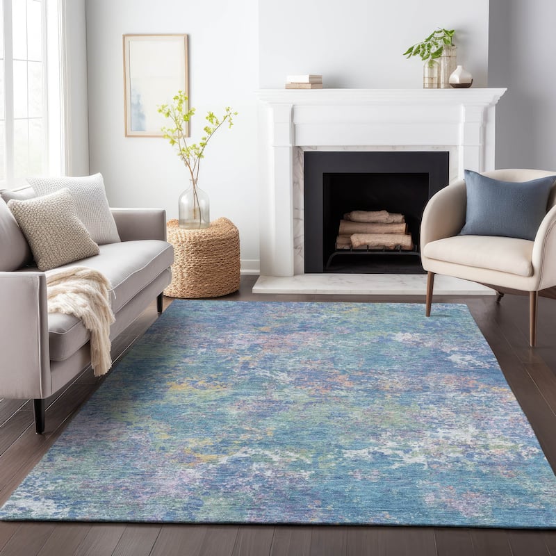 Machine Washable Indoor/Outdoor Abstract Watercolor Chantille Rug