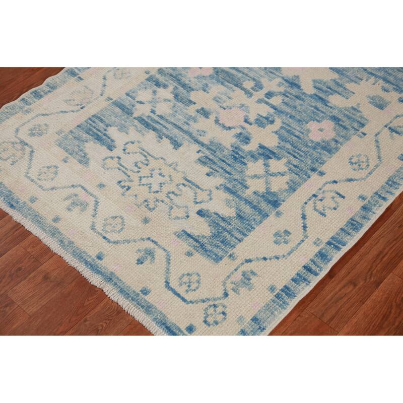 Hand Knotted Oriental 100% Wool Carpet Transitional Floral Navy Blue & Blues Oushak Runner Rug - 14' 5'' X 3' 1''