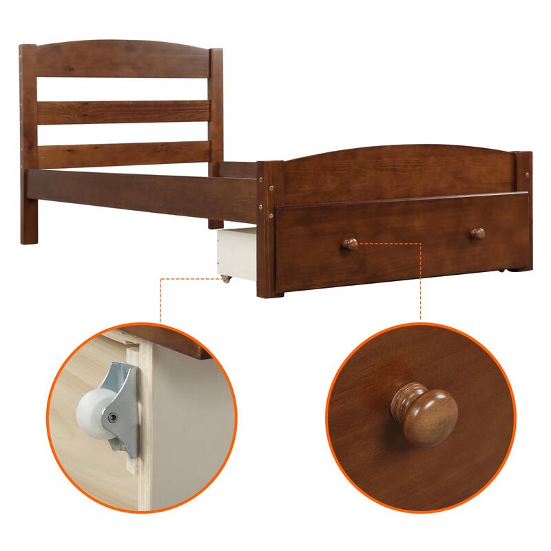 Elegant Twin Wood Bed Frame with Curved Headboard and Storage Drawer