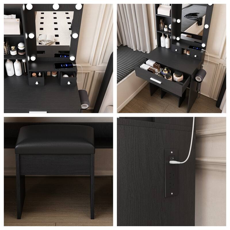 Vanity Table with Mirror & Adjustable LED Lights, Power Outlet, Hairdryer Holder & Stool