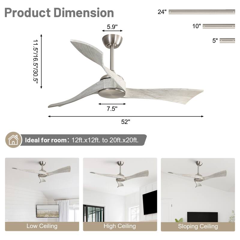 52"Solid Wood Ceiling Fan with Light Optional, 6-Speed Reversible DC Motor and Remote control,Smart Optional