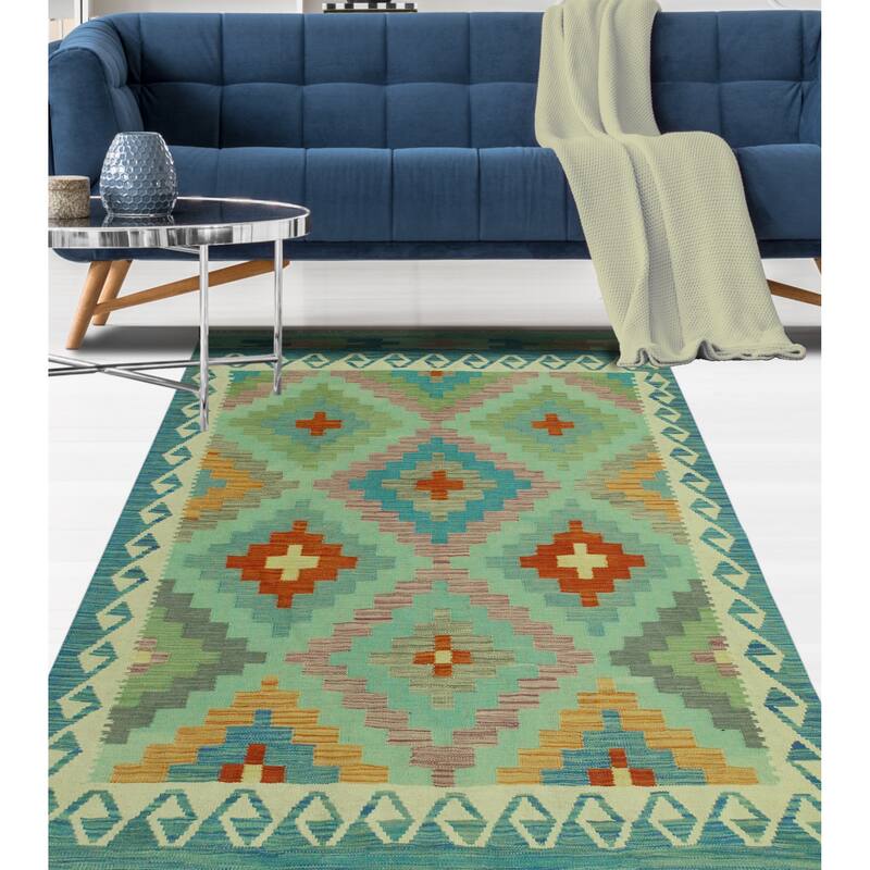 Sangat Flatweave Giana Green/Blue Rug - 4'10" x 6'8"