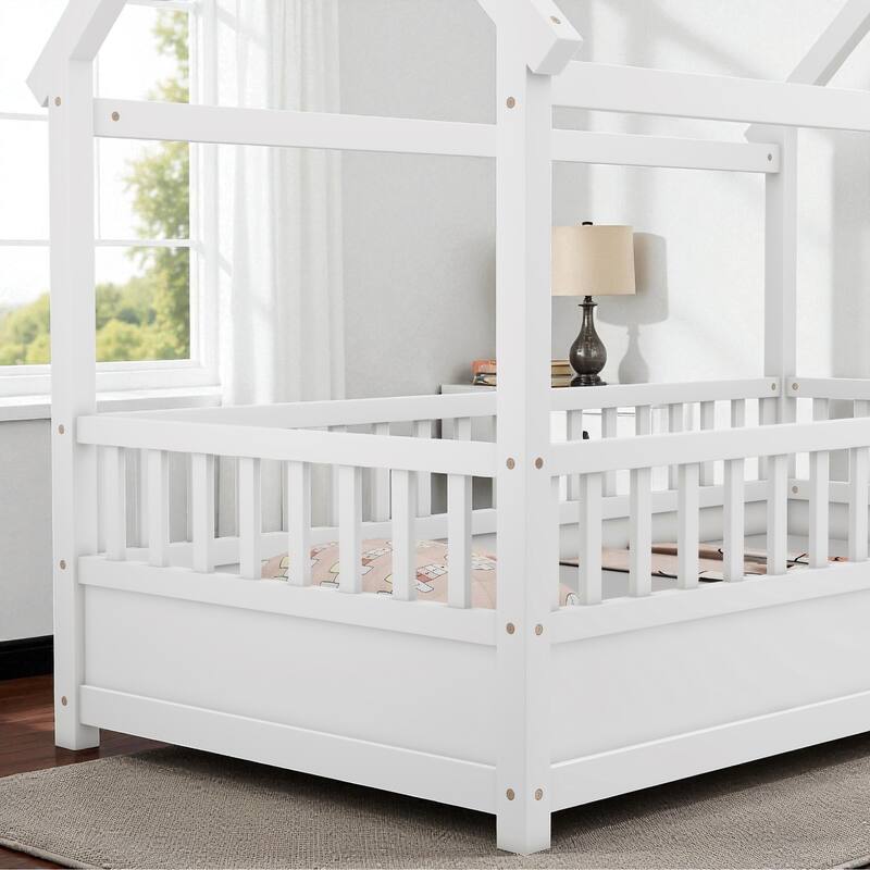 Twin/Full Wooden House Frame Floor Bed with Fence Guardrails, Montessori Style Kids Bed, Pine Wood Low Profile Design