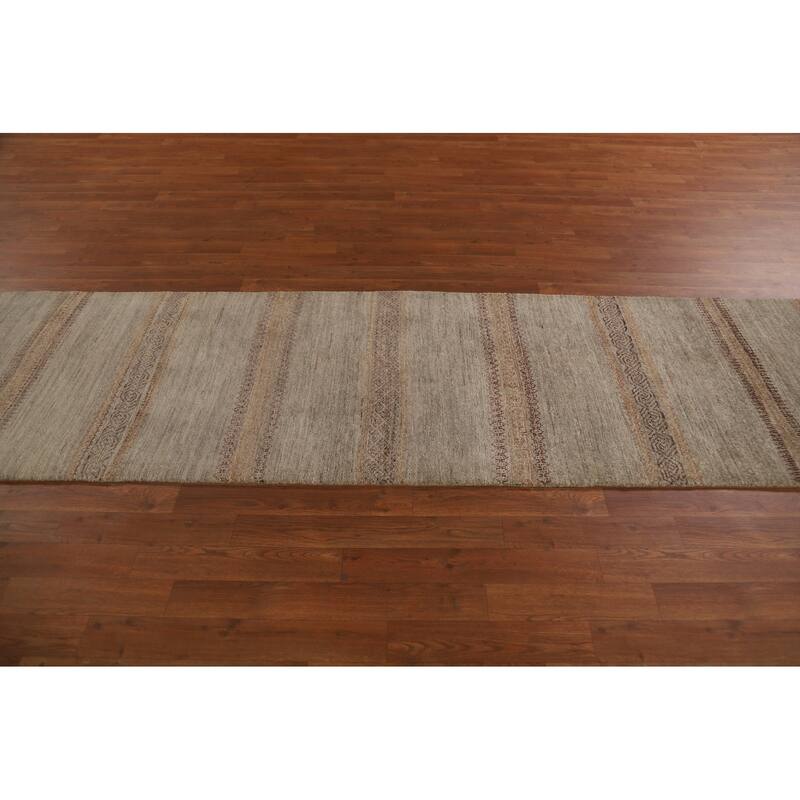 Hand Knotted Oriental 100% Wool Carpet Modern Stripe Greys & Charcoal Modern Runner Rug - 13' 3'' X 2' 7''