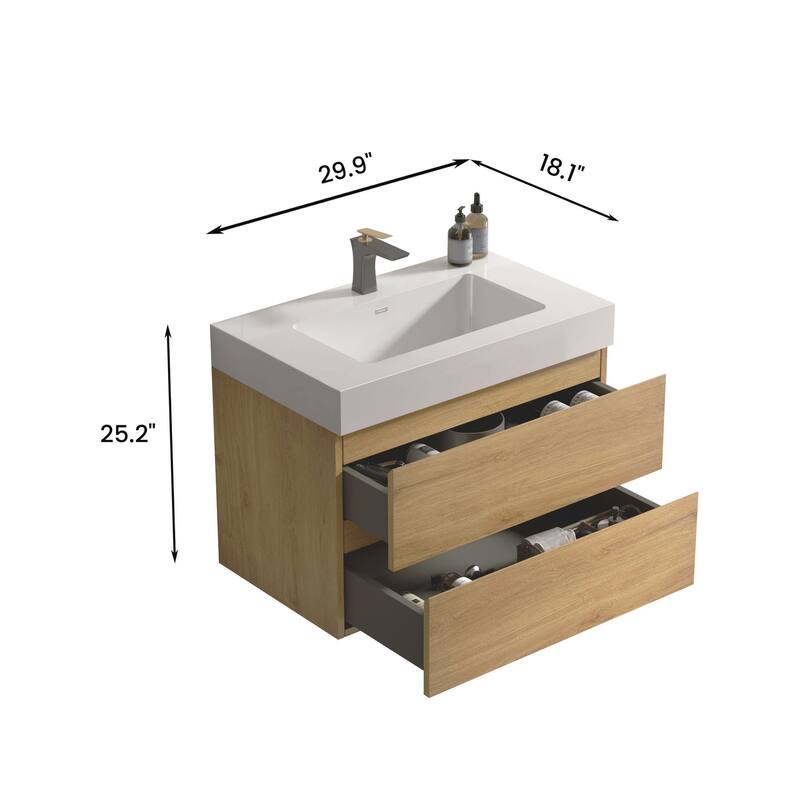 GDFStudio - Naomi Modern Floating Bathroom Vanity with Soft-Close Drawers and Pre-Assembled One-Piece Sink Basin