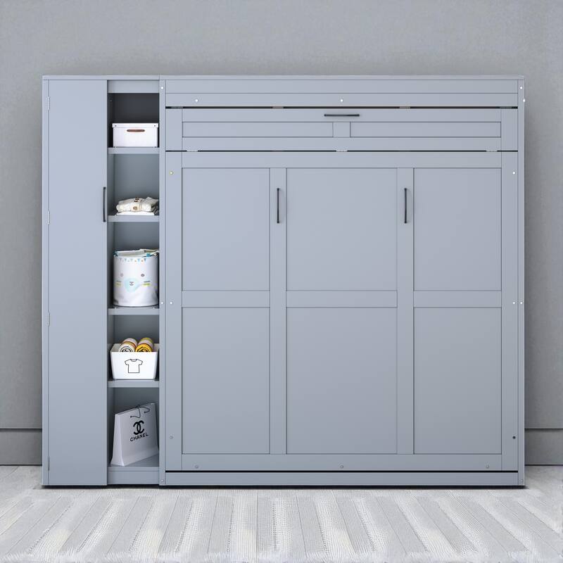 Full/Queen Size Murphy Wall Bed with Shelves, Wardrobe, LED Lights - Space-Saving Design - Grey - Queen