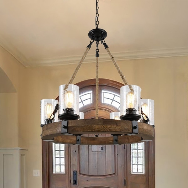 Rustic 6 Light Wagon Wheel Chandelier with Seeded Glass Shade 24.8in