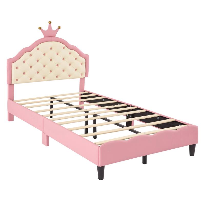 Twin Size PU Leather Princess Bed with Crown-Shaped Tufted Headboard, Pink and Cream Upholstered Kids Bed