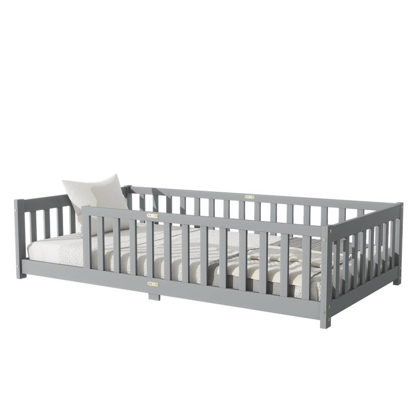 Twin Size Grey Rubber Wood Floor Bed with Safety Fence for Kids, No Door Design