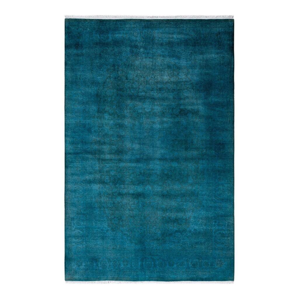 Overton Hand Knotted Wool Vintage Inspired Modern Contemporary Overdyed Blue Area Rug - 6' 1" x 9' 4"