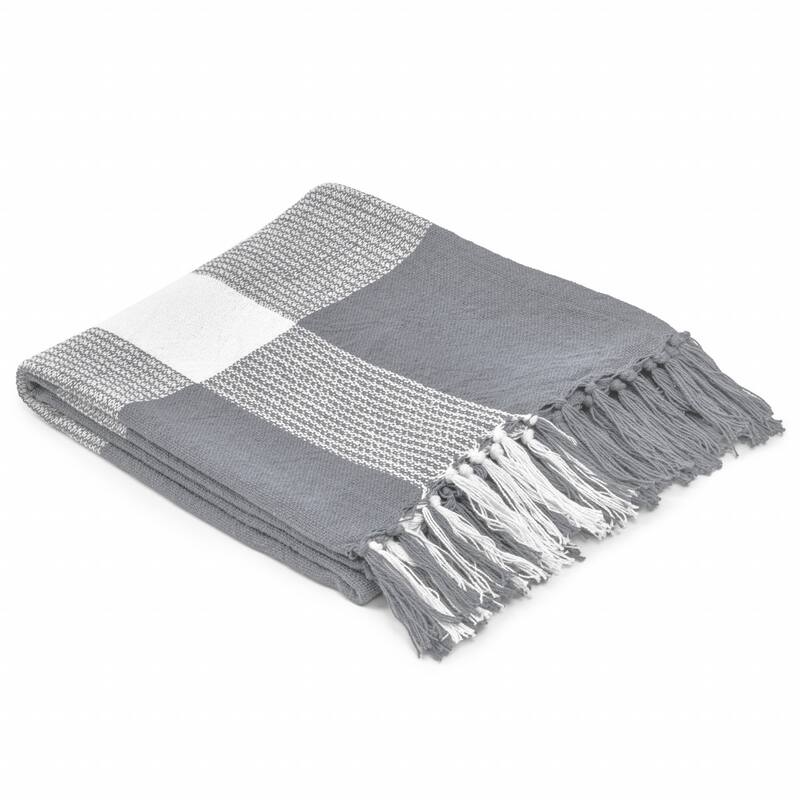 50" X 60" Gray Woven Cotton Checkered Throw Blanket with Fringe