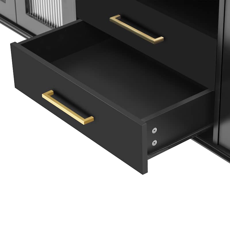 68.9" TV Stand for TVs up to 75 Inches, Entertainment Center Media Console with Fluted Glass Doors and Five Solid Wood Legs