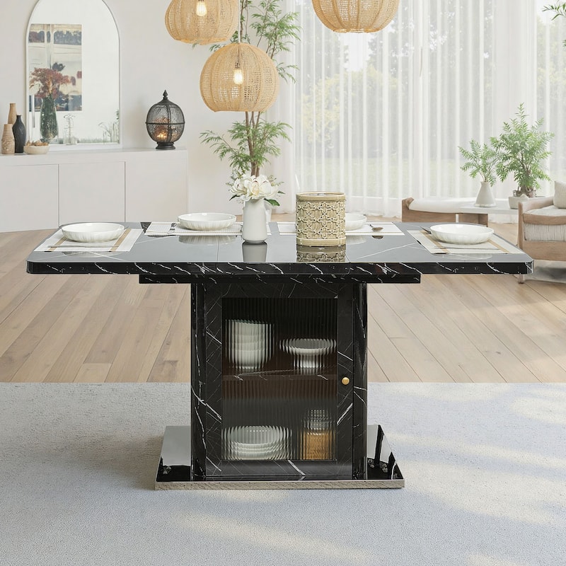 47-63" Modern Extendable Dining Table with Marble Top, Storage Leg & Metal Base - Black