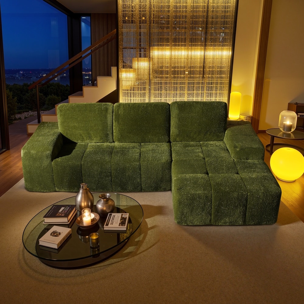 HOOOWOOO Modern Sparkly Velvet Fabric Chaise Sofa