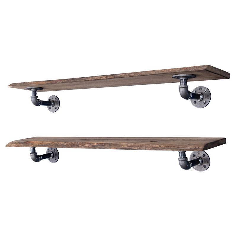 PIPE DECOR Live Edge Reclaimed Wood Shelf with Industrial Pipe Brackets, Set of 2 - 36 in. - Trail Brown