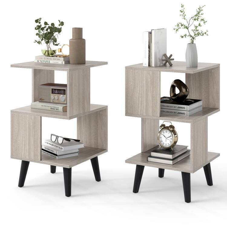 Set of 2 Grey Modern End Tables 3-Tier Bookshelf Nightstands with Open Storage - 16" x 16" x 27.5"