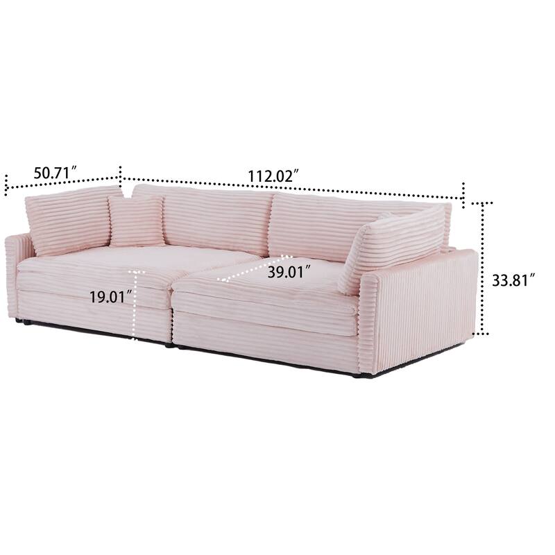 Classic Stylish Corduroy Fabric Upholstered Three-Seater Sofa with Two Throw Pillows