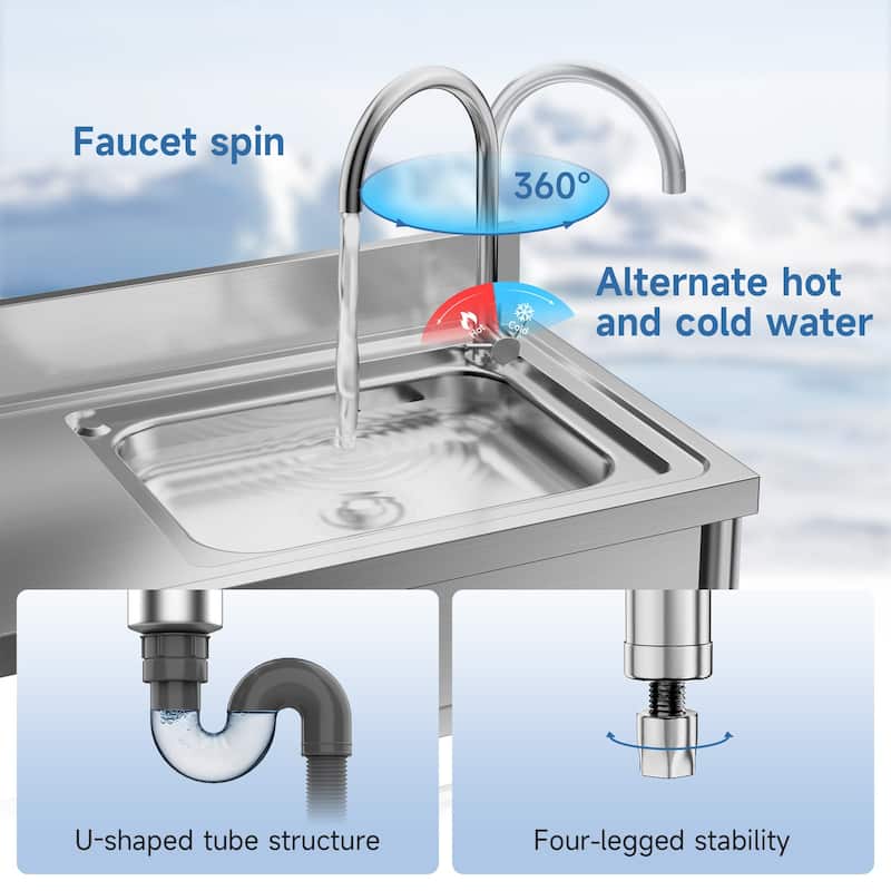 Free Standing Stainless Steel Utility Sink, Commercial Single Bowl Sink Set with Faucet