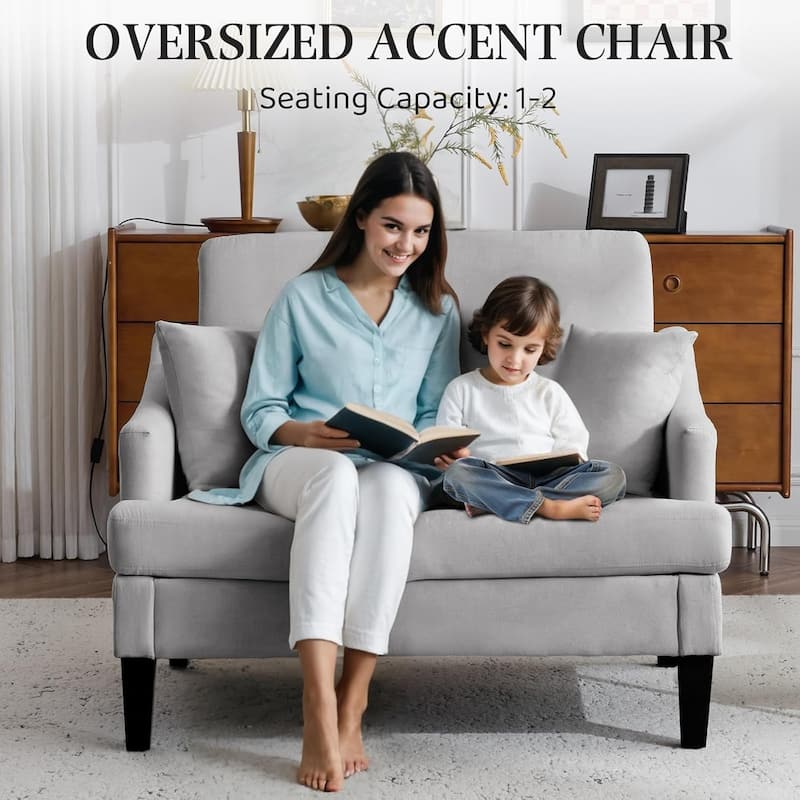 Bezseller Modern Oversized Accent Chair, 33.5'' Wide Seat Upholstered Armchair with Wood Legs and 2 Pillows