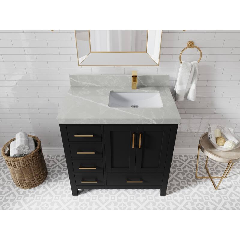Willow Collections 36 in. W x 22 in. D Malibu Right Offset Sink Bathroom Vanity with Countertop - 2" Pearl Gray - Black