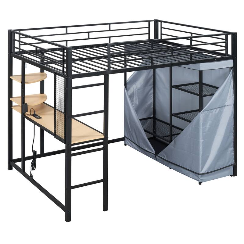 Full Size Metal Loft Bed with Built-in Desk, Wardrobe & Power Outlet - 350LB Capacity