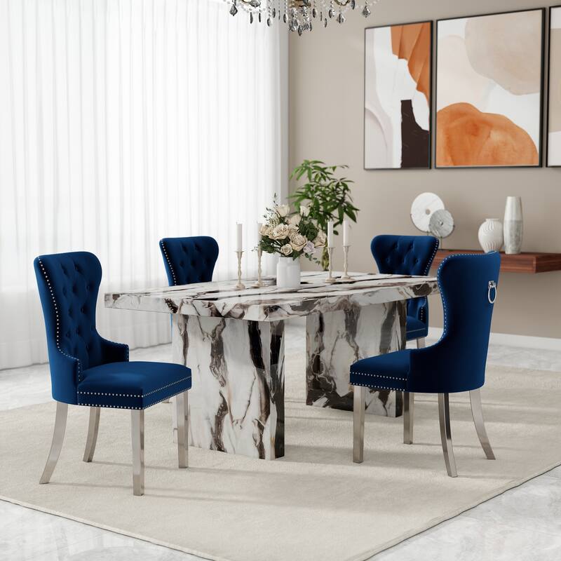 Roundhill Furniture Cavira 5-Piece Modern Faux Marble Dining Set - Blue
