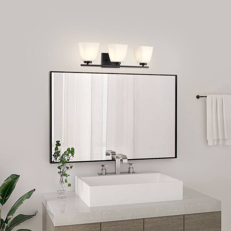 Brushed Nickel/Matte Black/Gold Modern 3-Light Vanity Light with Square Etched White Glass Shades