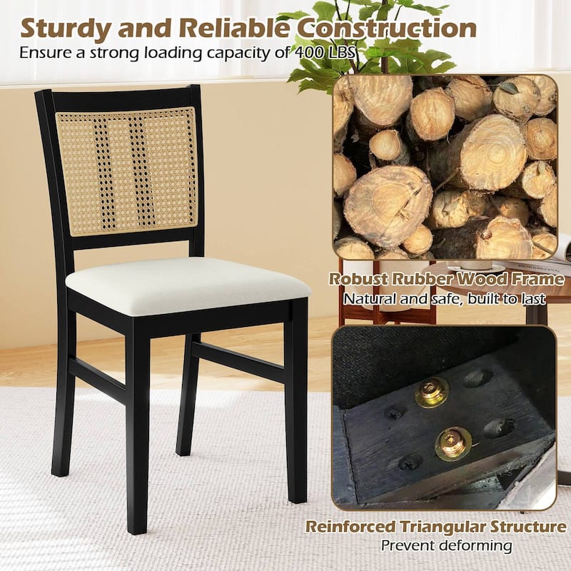 Set of 2 Upholstered Kitchen Chairs with Rattan Backrest Wooden Frame and Comfortable Seat Cushions - 17.5" x 21" x 34"