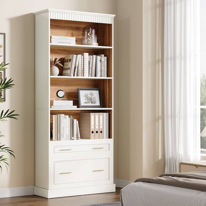 5-tier Tall Modern Wood Bookcase Bookshelf with File Cabinet Drawer