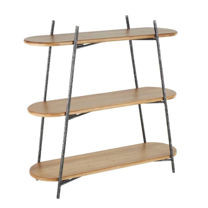Brown Wood Oval Shaped Shelving Unit with Black Metal Frame