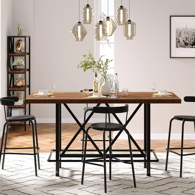 63" Counter Height Dining Table for 6, Industrial Rectangular Bar-Height Table with Sturdy Metal Frame and Footrest