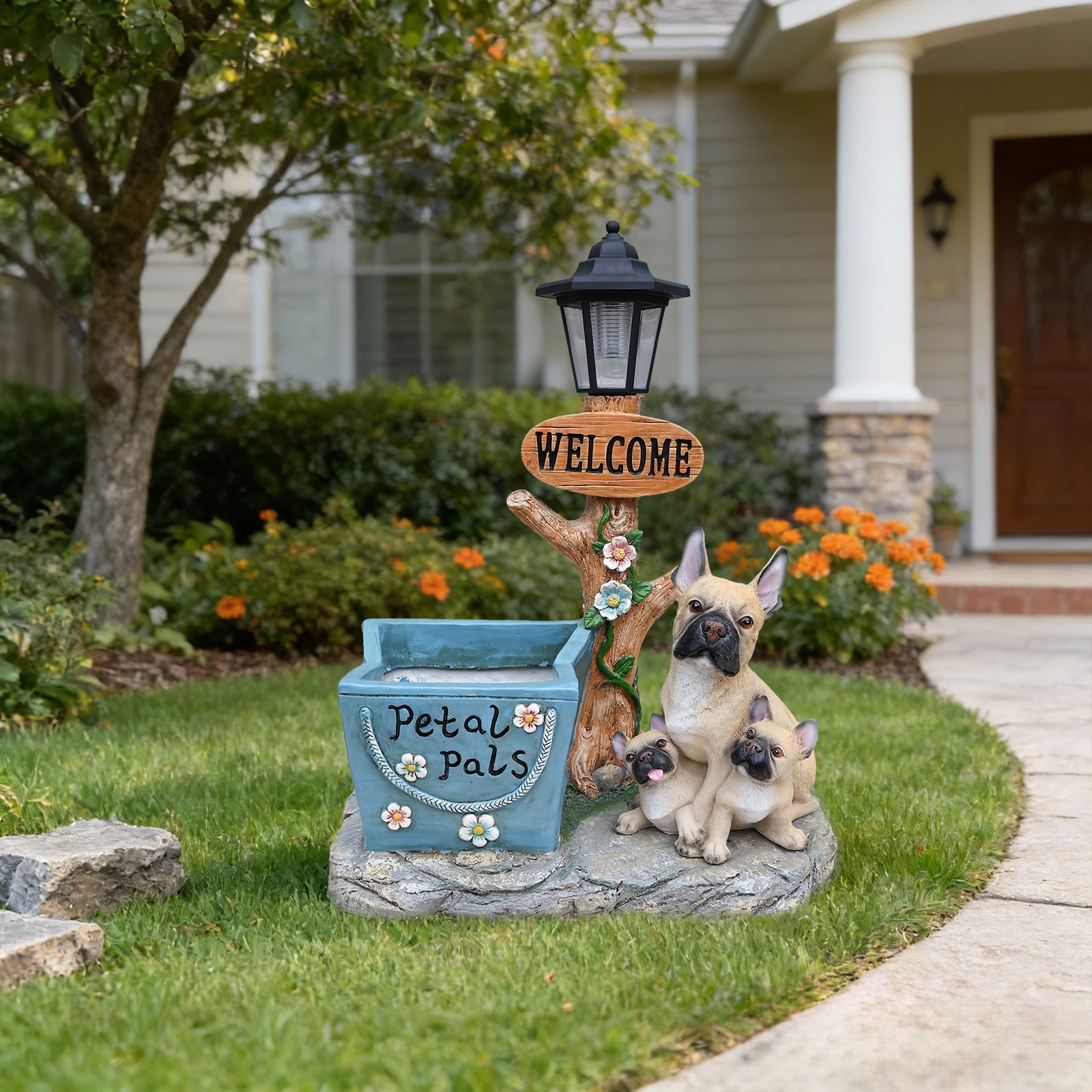 French Bulldog Family Planter Outdoor Garden Statue, Weather-Resistant