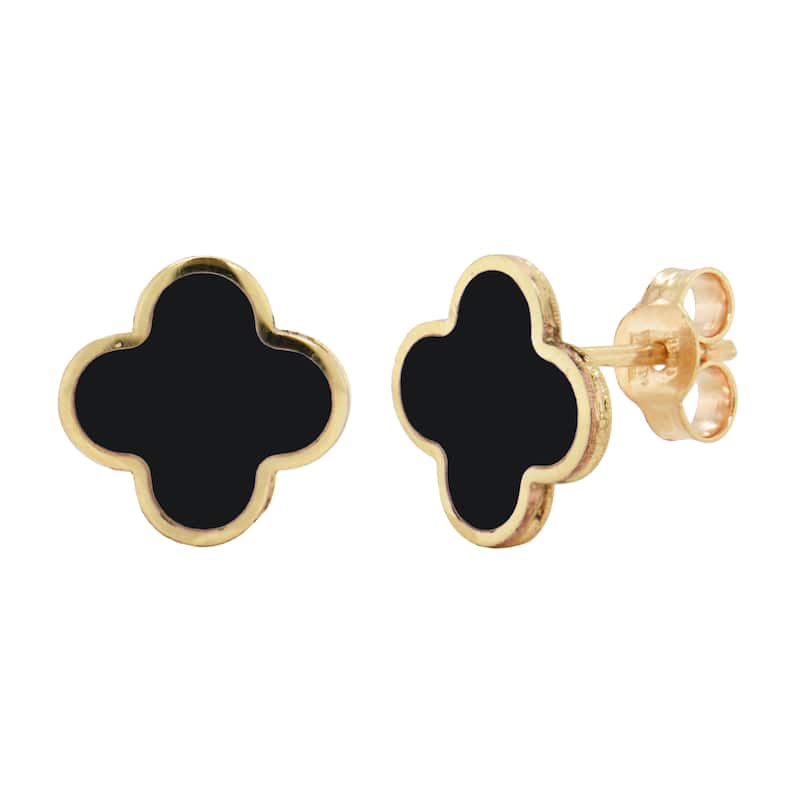 Italian Gold 14K Yellow Gold Medium Clover Stud Earrings - Made in Italy - Clover Size 10mm - Onyx