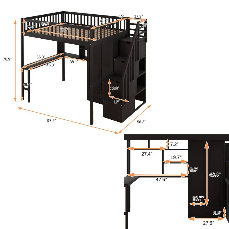 Loft Bed with Bookshelf,Drawers,Desk,and Wardrobe