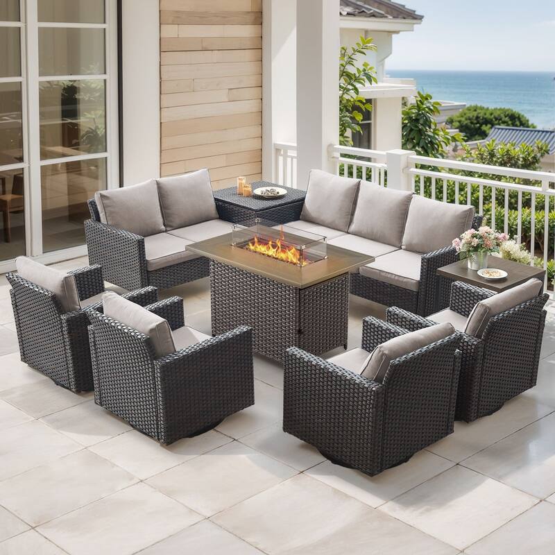Gymojoy 9 Piece Wicker Outdoor Patio U-shaped feet Conversation Set Group , Include Fire Pit Table