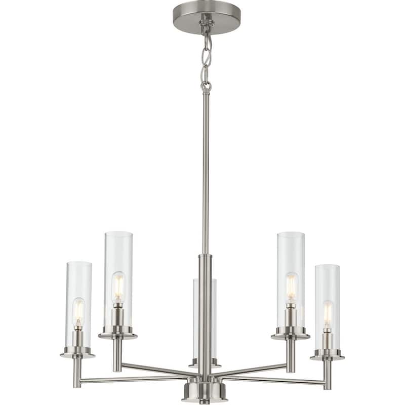 Kellwyn Collection Five-Light Brushed Nickel and Clear Glass Transitional Style Chandelier Light - 23 in x 23 in x 24.375 in