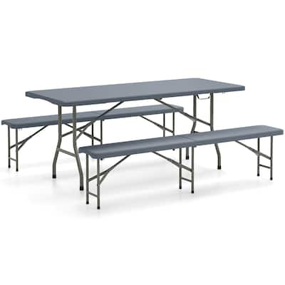 Gymax 3 PCS Folding Picnic Table Set w/ 6 ft Table & 2 Benches HDPE