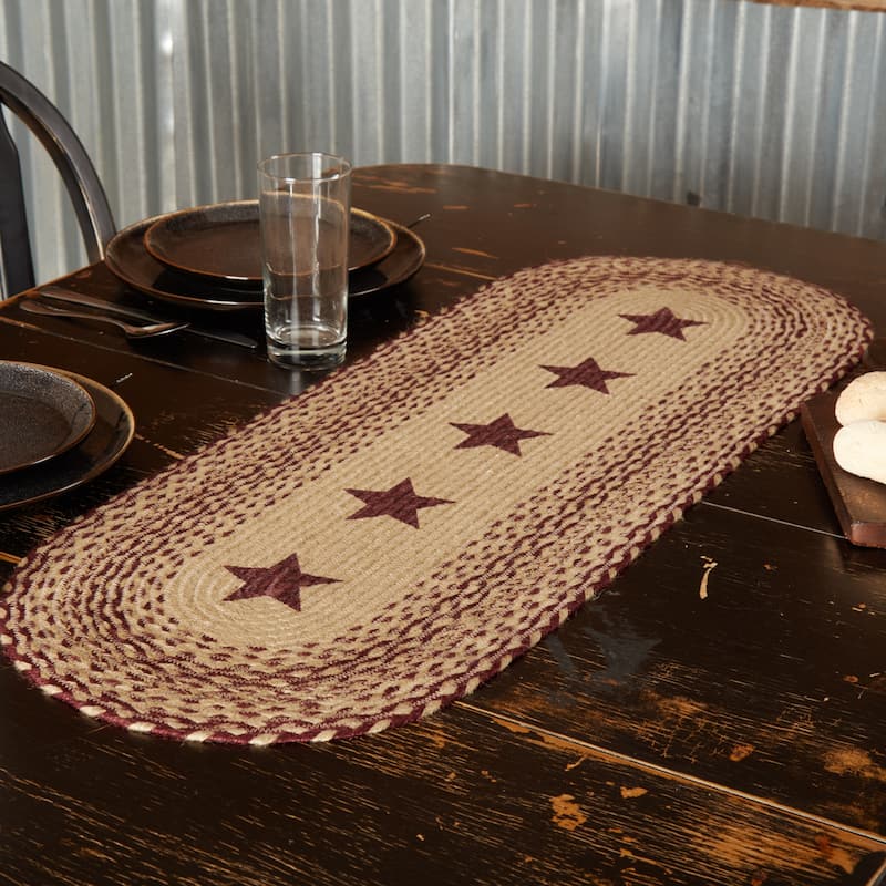 Burgundy Tan Jute Stencil Stars Runner - 13x36