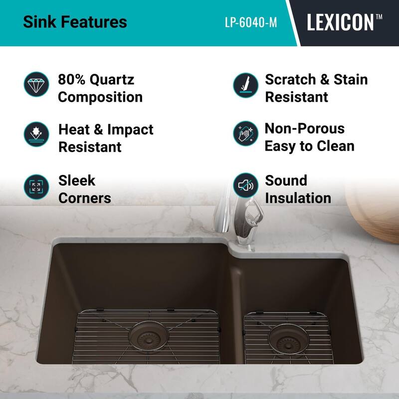 32"x19" Quartz Granite Kitchen Sink, 60/40 Double Bowl Drop-in/Undermount - 19x32