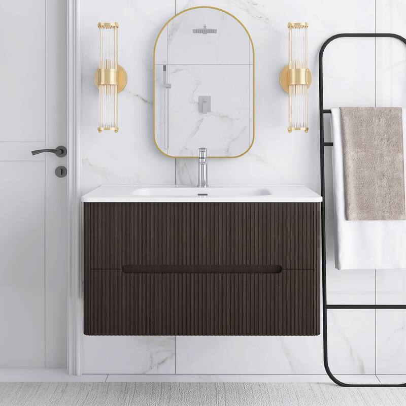 Floating Bathroom Vanity Integrated White Ceramic Sink - Dark Brown - 35.82'' x 18.3'' x 20.35''