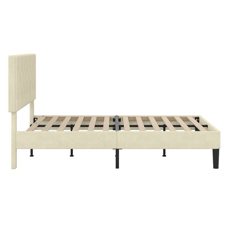 Upholstered Bed Frame, Button Tufted Platform Bed with Linen Headboard, No Box Spring Needed