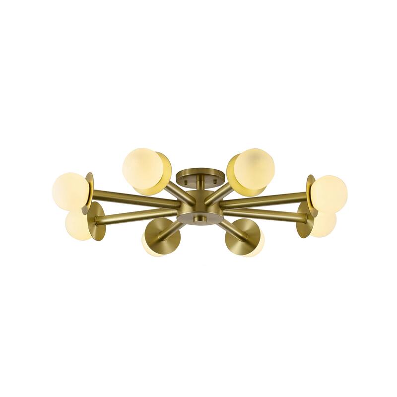 8-Light Satin Brass Flush Mount With White Glass Globe Shades